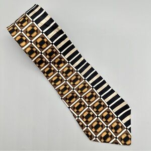 Conte di Milano Silk Tie – Geometric Stripes & Circles Brown Gold